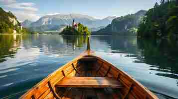 Foto la imagen es un hermoso paisaje de un lago y montañas el agua es tranquila y clara un barco de madera está en primer plano