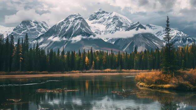 La imagen es de un hermoso paisaje montañoso con un lago en primer plano las montañas están cubiertas de nieve