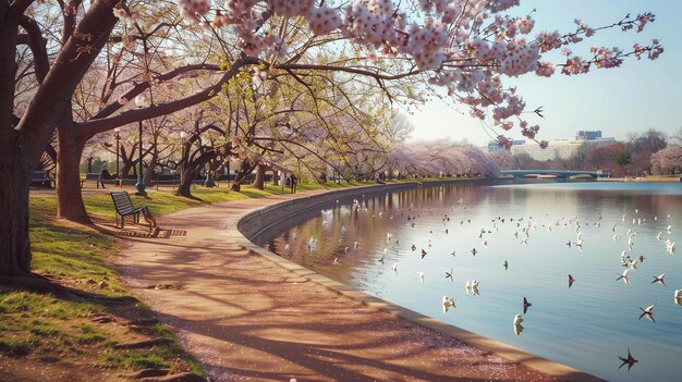 La imagen es un hermoso paisaje de un parque en primavera los cerezos están en flor y los pétalos están cayendo como la nieve