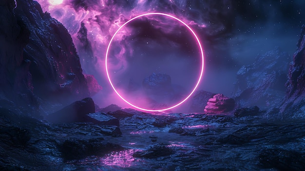 La imagen es un hermoso paisaje de un planeta alienígena el planeta está cubierto de un terreno rocoso con una gran luna brillante en el cielo