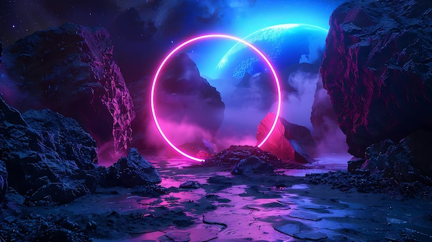 La imagen es un hermoso paisaje de un planeta alienígena