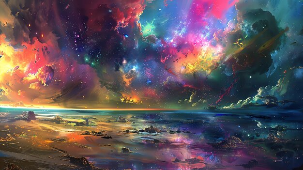 La imagen es un hermoso paisaje de una playa por la noche el cielo está lleno de estrellas y nubes de colores brillantes y el agua está tranquila y quieta