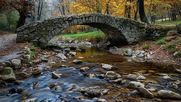 La imagen es un hermoso paisaje de un puente de piedra sobre un río en otoño El puente está hecho de piedras toscas y tiene un solo arco