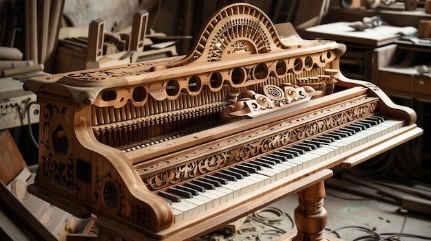 La imagen es de un hermoso piano de madera con tallas intrincadas El piano está hecho de madera de color claro y tiene un acabado brillante