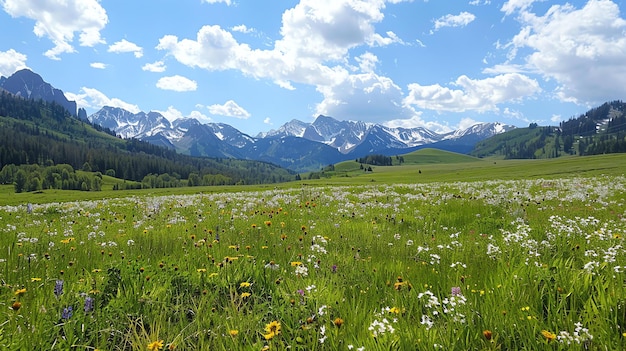 Esta imagen es de un hermoso prado de montaña en plena floración las flores silvestres son un alboroto de colores y las montañas en el fondo son majestuosas