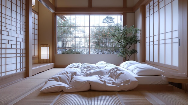 La imagen es un hermoso y sereno dormitorio japonés