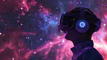 Foto la imagen es un hombre con un auricular de realidad virtual que está mirando a un cielo nocturno estrellado los colores son púrpura azul y rosa