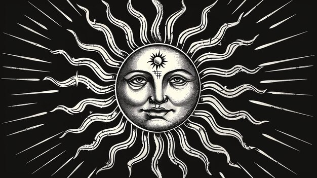 La imagen es una ilustración en blanco y negro de un sol con una cara El sol tiene una expresión serena en su cara y está rodeado de rayos