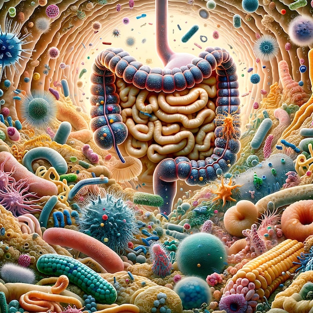 Esta imagen es una ilustración colorida de la vida microscópica con células bacterias en los intestinos