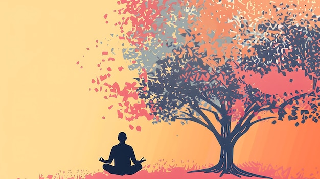 La imagen es una ilustración simple de una persona meditando bajo un árbol la persona está sentada en una posición de piernas cruzadas con los ojos cerrados