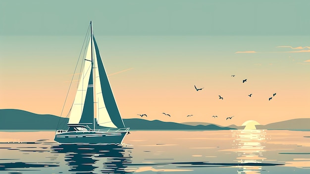 La imagen es una ilustración vectorial de un velero en el mar al atardecer El barco está en primer plano con el sol poniéndose detrás de él