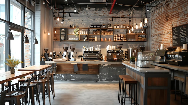 La imagen es el interior de una cafetería Hay un mostrador con máquinas de café y un barista haciendo café