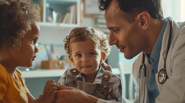 La imagen es de un médico con dos hijos el médico está sonriendo y sosteniendo la mano de un niño pequeño el otro niño está de pie al lado del médico