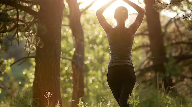 Foto la imagen es de una mujer joven de pie en una postura de yoga en medio de un bosque ella lleva una camiseta negra y leggings negras