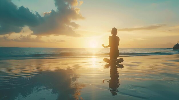 Foto la imagen es de una mujer sentada en la playa en una postura de yoga el sol se está poniendo detrás de ella y las olas se estrellan en la orilla