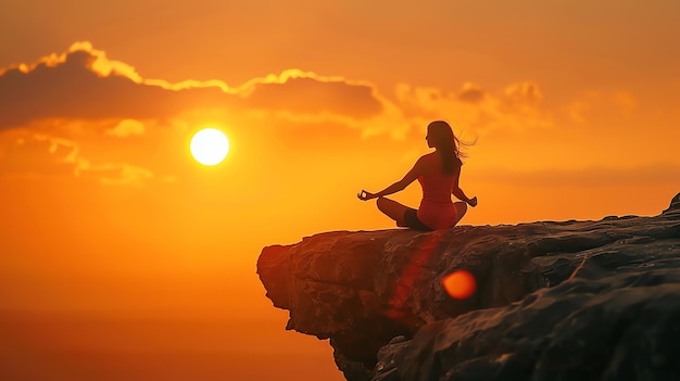 La imagen es de una mujer sentada en una postura de yoga en un acantilado el sol se está poniendo detrás de ella y el cielo es un naranja brillante