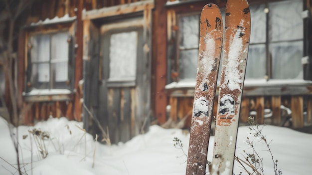 Esta imagen es de un par de esquís de pie en la nieve fuera de una cabaña de madera los esquís son viejos y de madera y la cabaña es rústica y desgastada