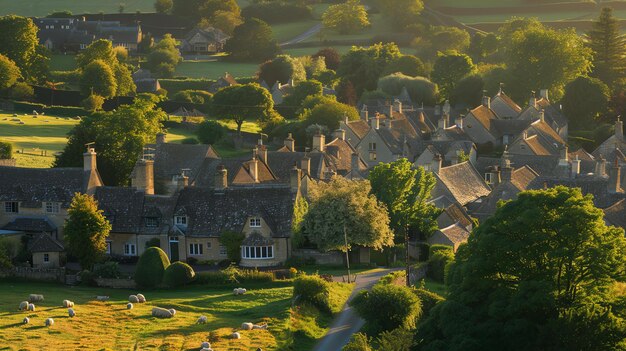 La imagen es de un pequeño pueblo en los Cotswolds, Inglaterra.