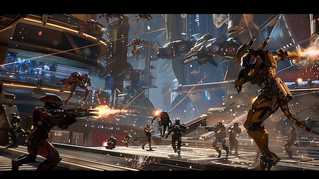 La imagen es una pintura digital de una escena de batalla futurista la pintura representa a un grupo de soldados luchando contra una invasión alienígena
