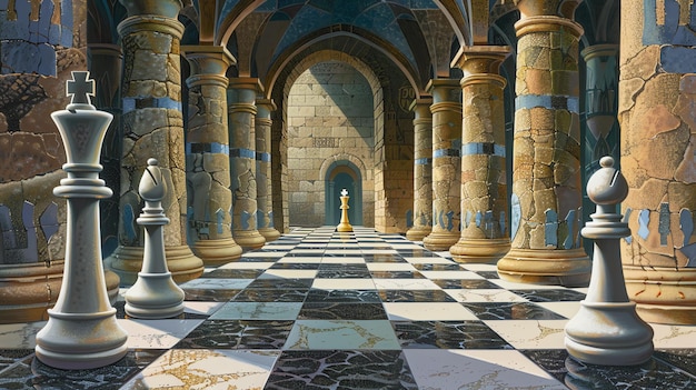 La imagen es una pintura digital de un tablero de ajedrez en una sala en ruinas