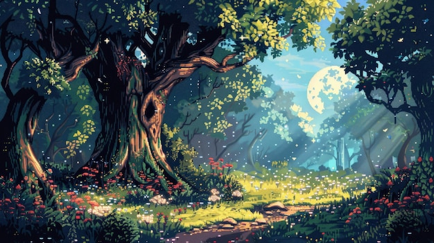 La imagen es un pixel art de un bosque
