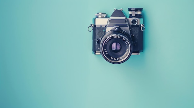 Foto la imagen es un primer plano de una cámara vintage sobre un fondo azul la cámara es negra y plateada con una lente grande