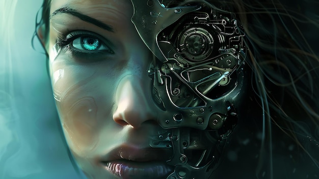 La imagen es un primer plano de la cara de una mujer, la mitad de su cara está cubierta de metal, exponiendo sus mejoras cibernéticas.