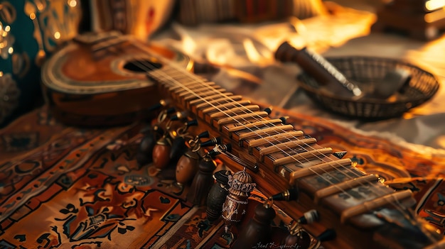 Foto la imagen es un primer plano de un instrumento de cuerda indio tradicional llamado sitar