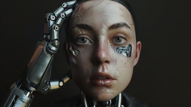 Foto la imagen es un primer plano de una mujer cyborg tiene una mano metálica sosteniendo su cabeza su cara es pálida y sus ojos son azules