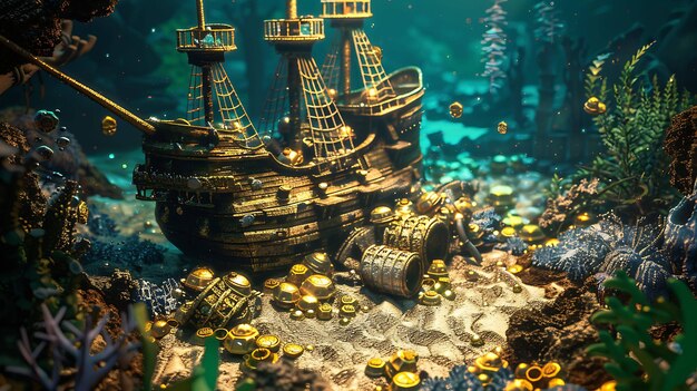 La imagen es una representación en 3D de un barco pirata. El barco es viejo y de madera y está cubierto de barnacles y otras criaturas marinas.