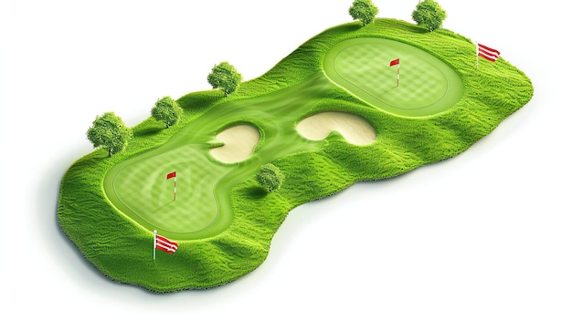 Foto la imagen es una representación en 3d de un campo de golf. el campo está hecho de dos agujeros. cada agujero tiene un verde, una trampa de arena y algunos árboles.