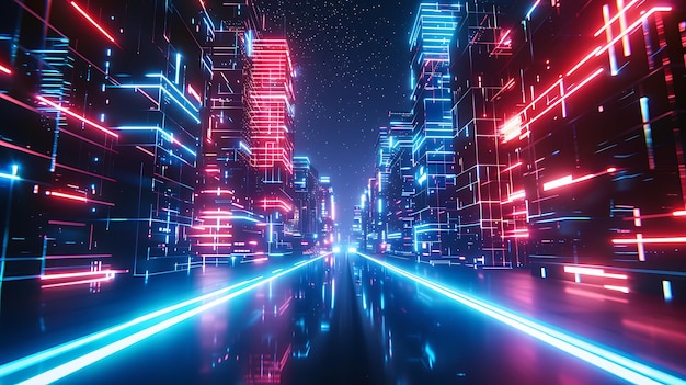La imagen es una representación en 3D de una ciudad futurista por la noche