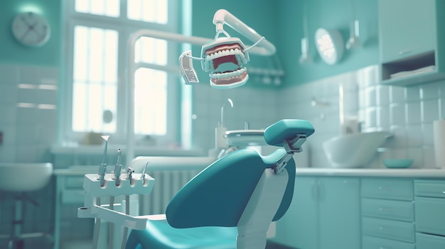 Foto la imagen es una representación en 3d de una clínica dental. la clínica está equipada con una moderna silla dental, un fregadero y un gabinete.