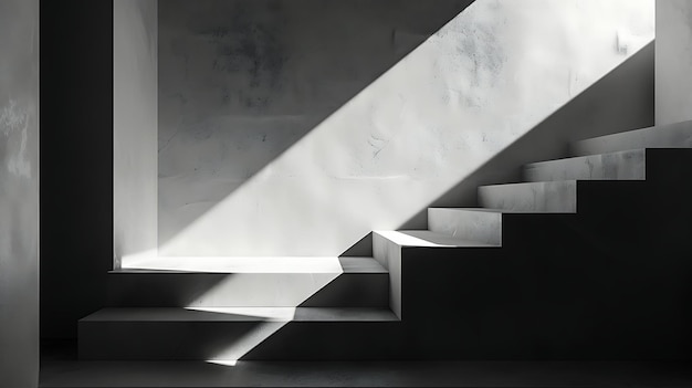 La imagen es una representación en 3D de una escalera minimalista. Las escaleras están hechas de hormigón blanco y las paredes son de color gris claro.