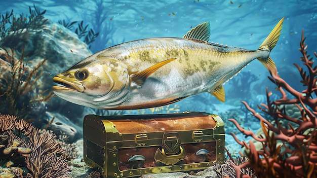 La imagen es una representación en 3D de un gran pez nadando sobre un cofre del tesoro El pez es amarillo y plateado con un largo hocico puntiagudo y dientes afilados