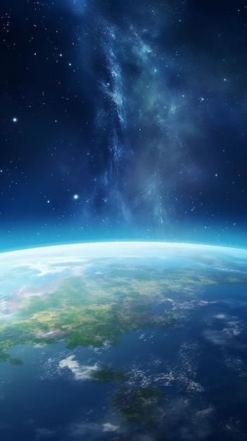 La imagen es una representación en 3D del planeta Tierra como se ve desde el espacio contra el telón de fondo de estrellas y galaxias