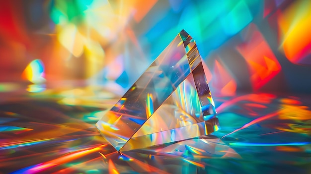 La imagen es una representación 3D de un prisma de cristal El prisma se coloca en una superficie reflectante que está rodeada por un fondo de gradiente colorido