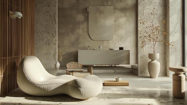 La imagen es una representación en 3D de una sala de estar moderna La habitación está decorada en un estilo minimalista con paredes y muebles blancos