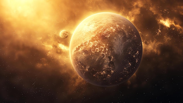 La imagen es una representación de un amanecer sobre un planeta desértico el planeta está cubierto de cráteres y tiene una atmósfera delgada