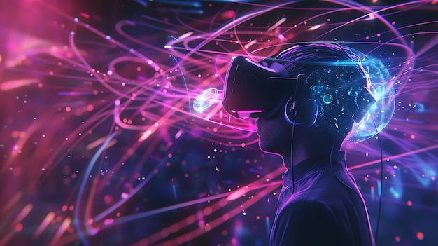 La imagen es una representación de una persona que lleva un auricular de realidad virtual. El auricular está permitiendo a la persona experimentar un mundo virtual.