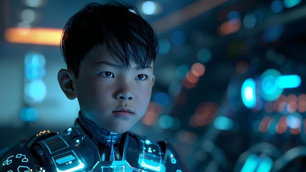 La imagen es un retrato de un niño joven que lleva una armadura futurista y tiene una mirada decidida en su rostro