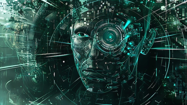La imagen es un retrato oscuro, misterioso y futurista de un cyborg. La cara está hecha de una variedad de componentes metálicos y electrónicos.