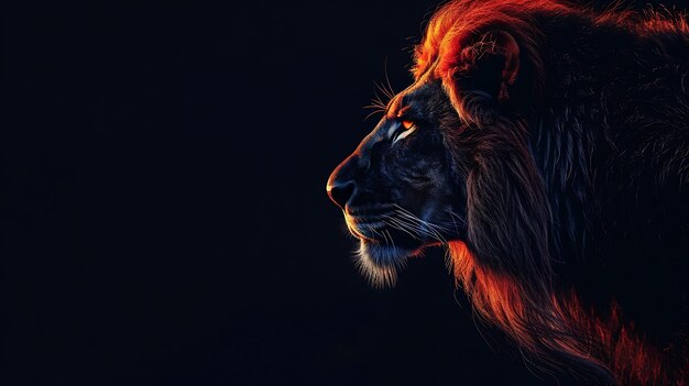 La imagen es un retrato en primer plano oscuro de la cara de un león. El león está mirando a la izquierda del cuadro y sus ojos están brillando de rojo.