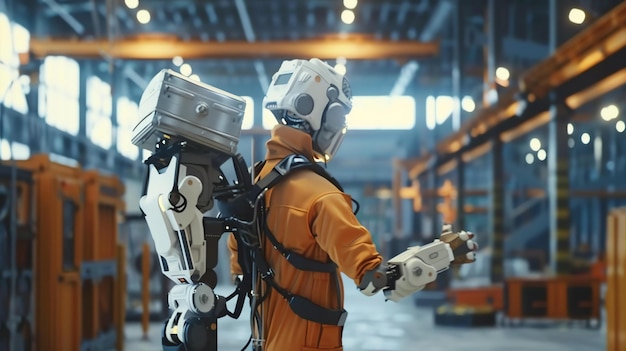 Foto la imagen es de un robot de pie en un entorno industrial el robot lleva un mono blanco y naranja y un casco