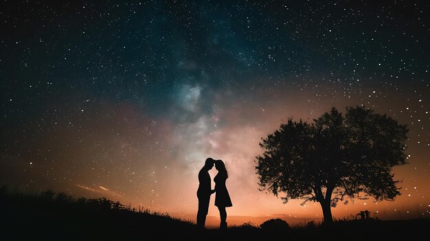 Foto la imagen es una silueta de una pareja de pie en un campo abrazándose con un cielo estrellado por la noche por encima de ellos