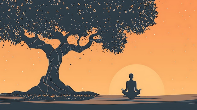 La imagen es una silueta de una persona meditando bajo un árbol el sol se está poniendo en el fondo la imagen es pacífica y serena