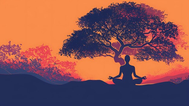 La imagen es una silueta de una persona meditando bajo un árbol El sol se está poniendo en el fondo proyectando un caloroso resplandor sobre la escena