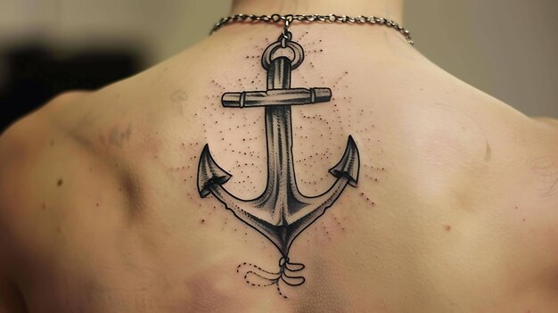 La imagen es un tatuaje negro y gris de un ancla en la espalda de un hombre El ancla está rodeado por una cuerda y tiene un patrón de puntos en el fondo