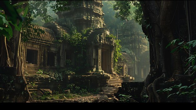 Foto la imagen es de un templo en la selva el templo está hecho de piedra gris y está cubierto de vides y otras plantas la selva es verde y exuberante