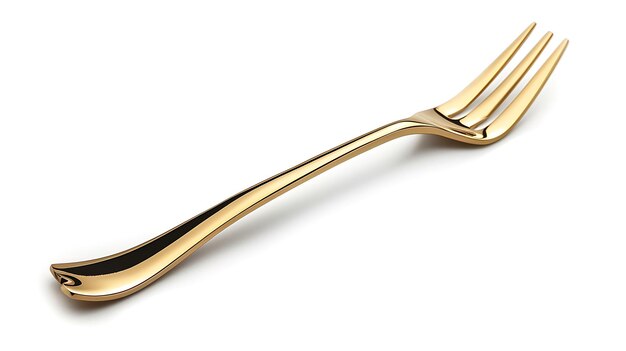 Esta imagen es de un tenedor dorado El tenedor está sobre un fondo blanco El tenedor es de metal y tiene un acabado brillante